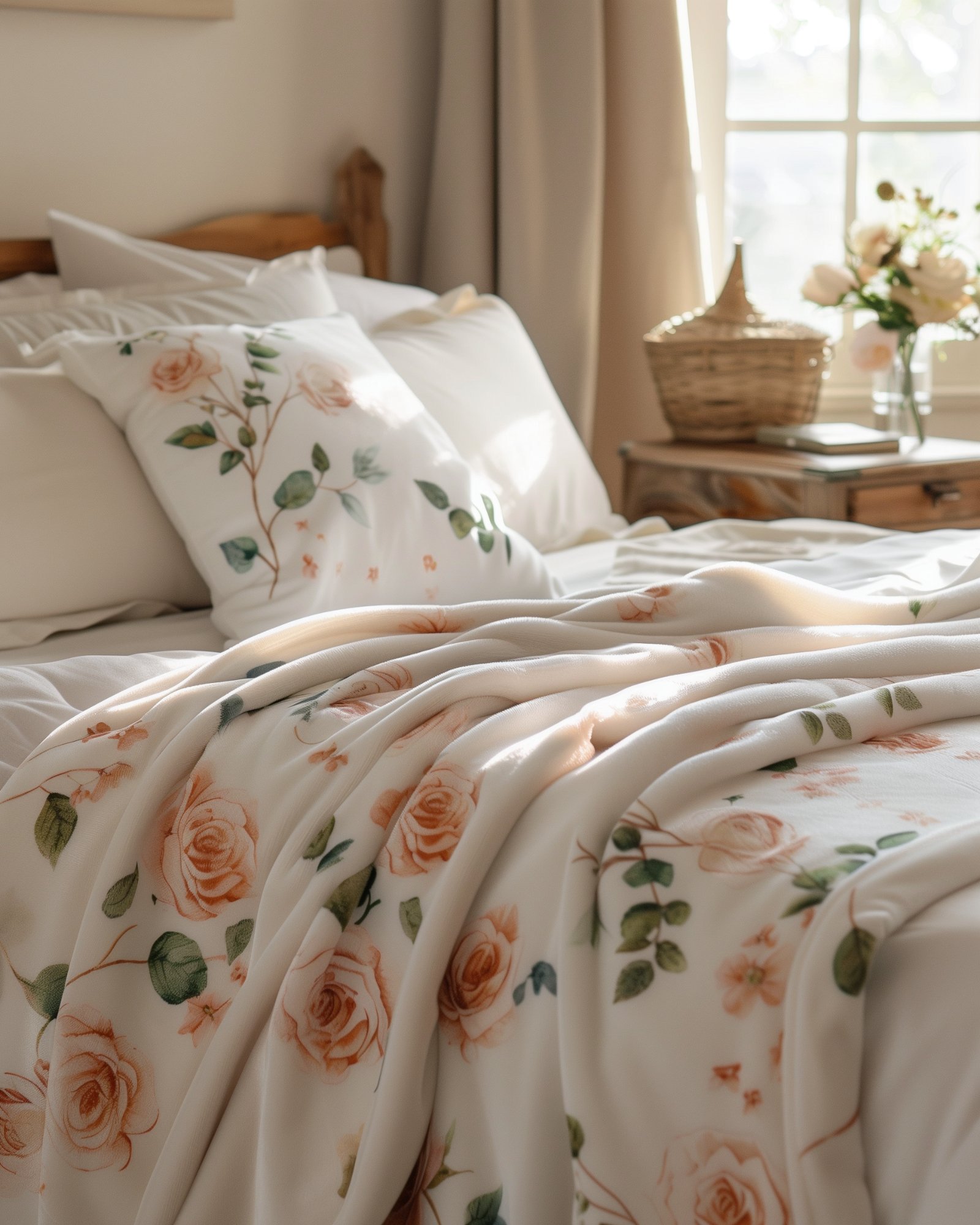 Rose floral velveteen blanket on cozy bed