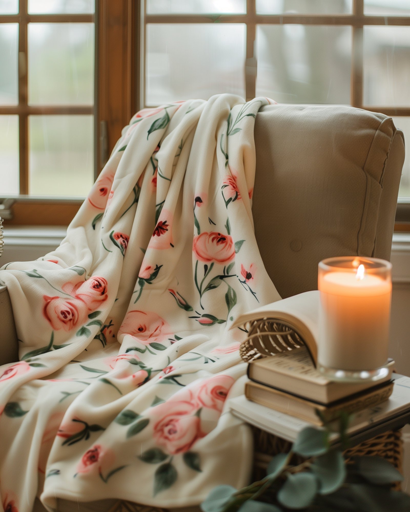 Rose blanket on chair beside candle — cozy healing space