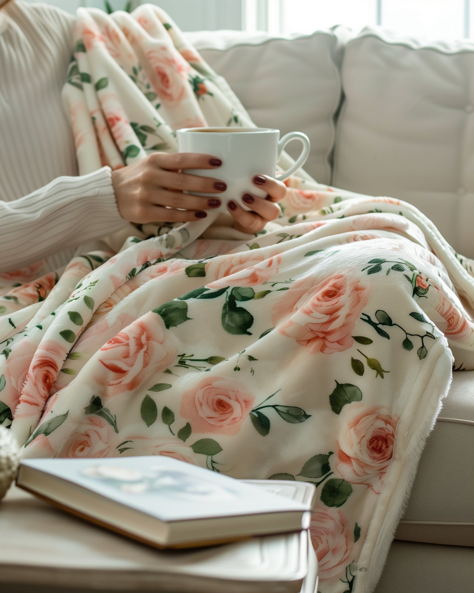 Woman wrapped in rose blanket holding tea