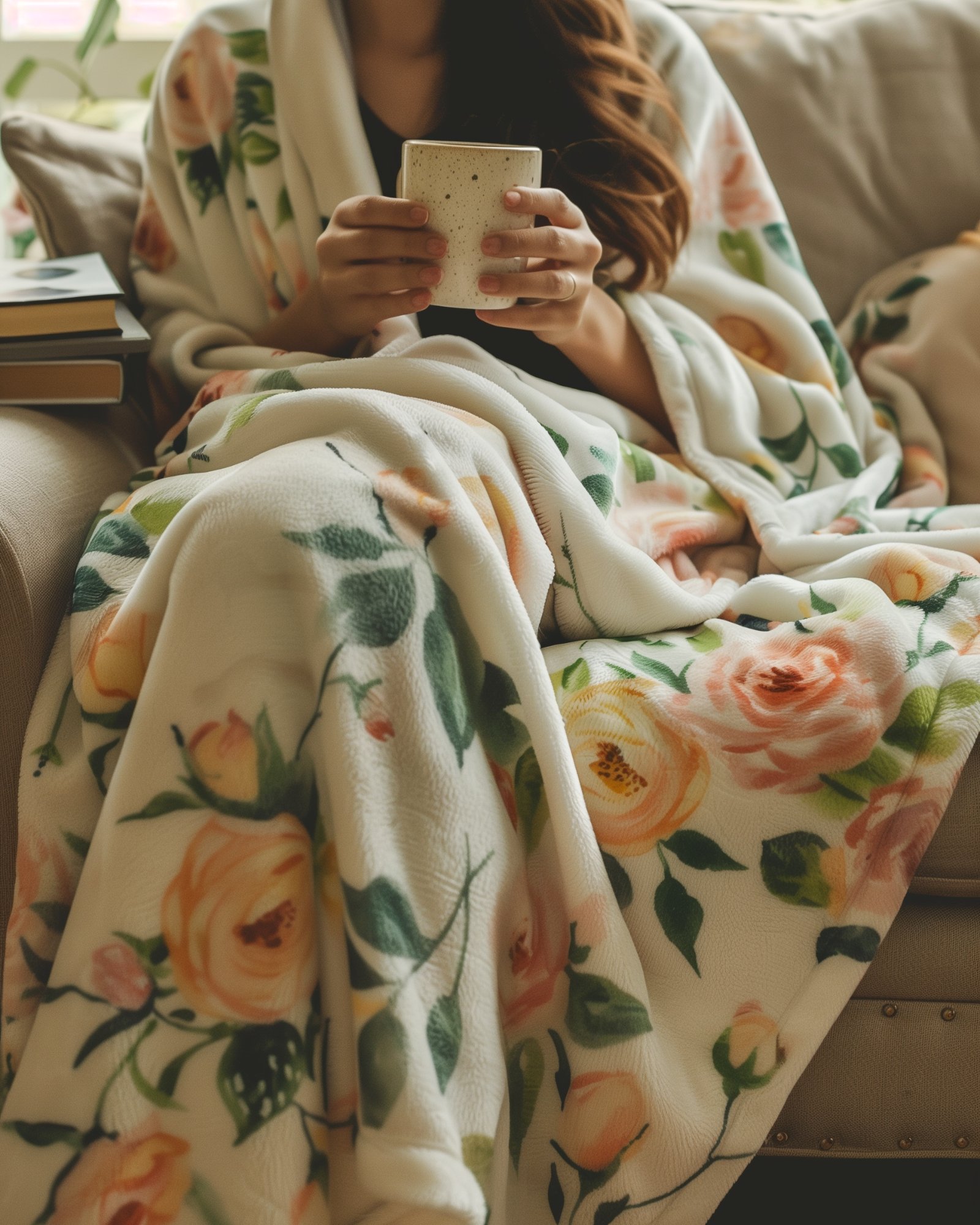 Woman wrapped in rose floral blanket holding cup on couch