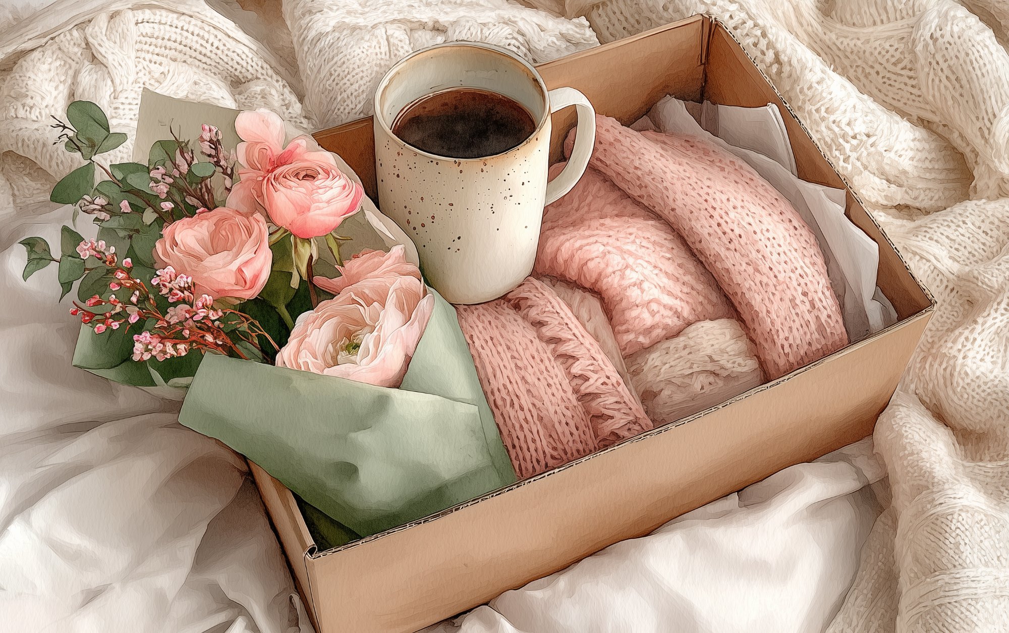 Beautiful care package with blanket, mug, and roses