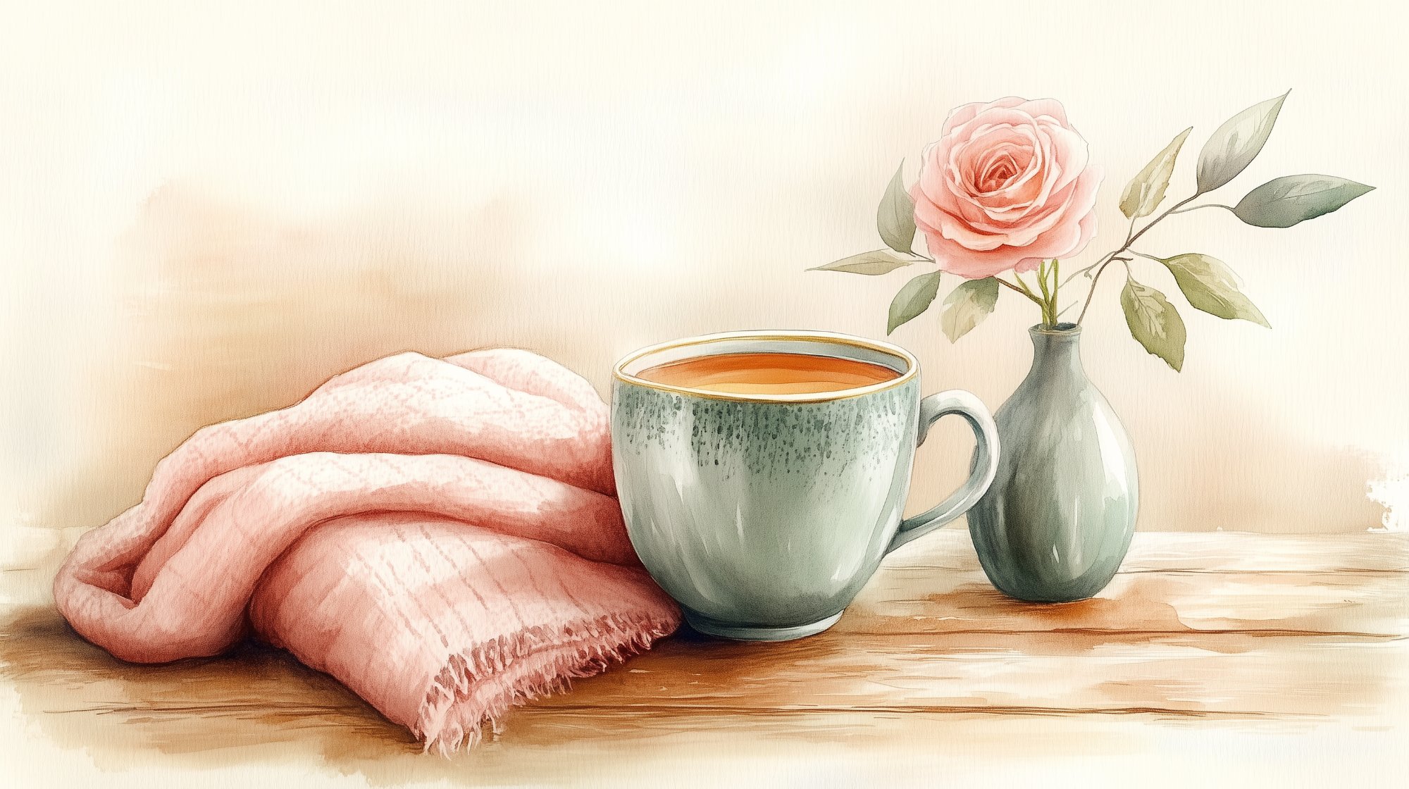 Cozy mug of tea with soft pink blanket and rose