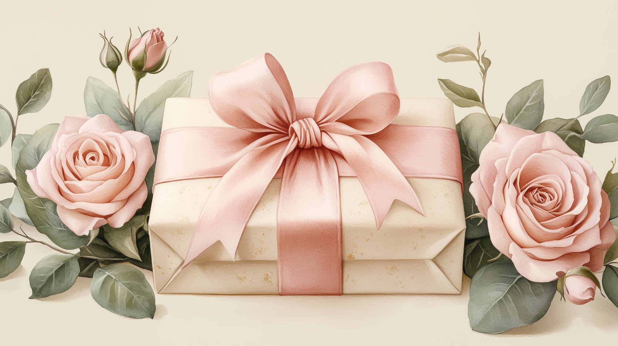 Beautifully wrapped gift box with pink roses