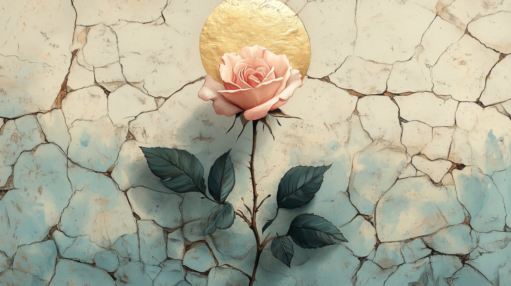 Rose growing through cracked earth toward golden light