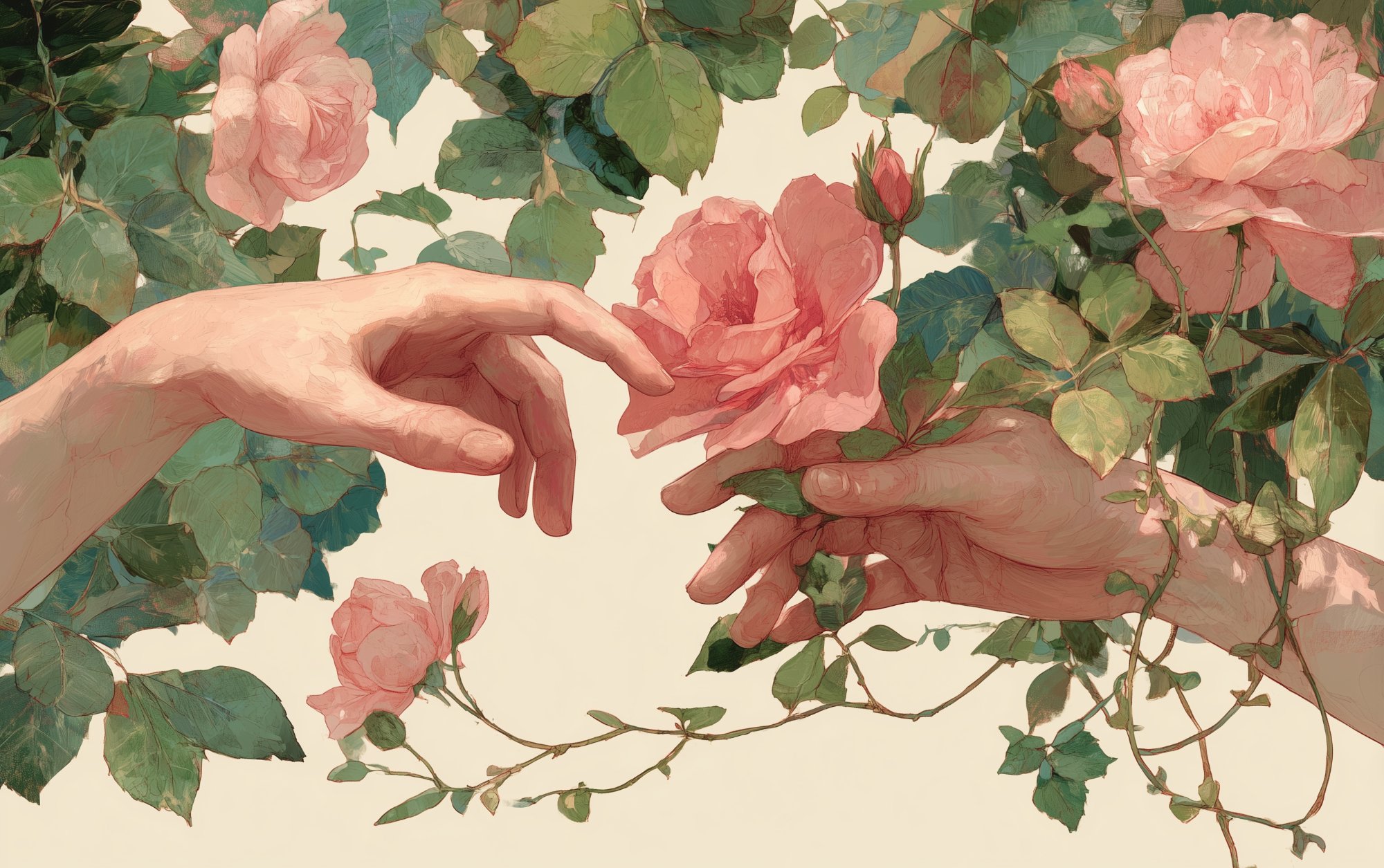 Two friends with roses and hearts symbolizing support