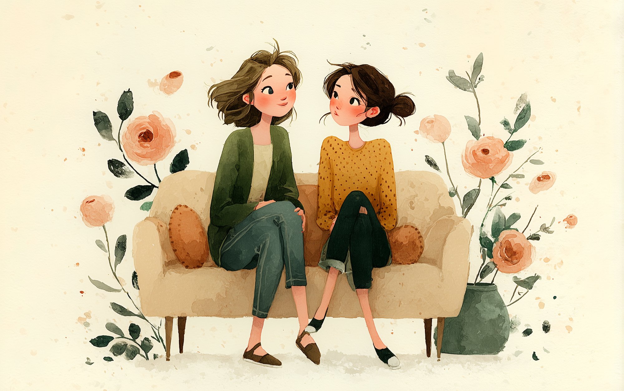 Two people having a meaningful conversation with rose elements